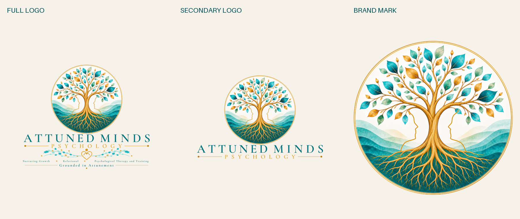 The completed full logo, secondary logo and standalone brand mark shown together