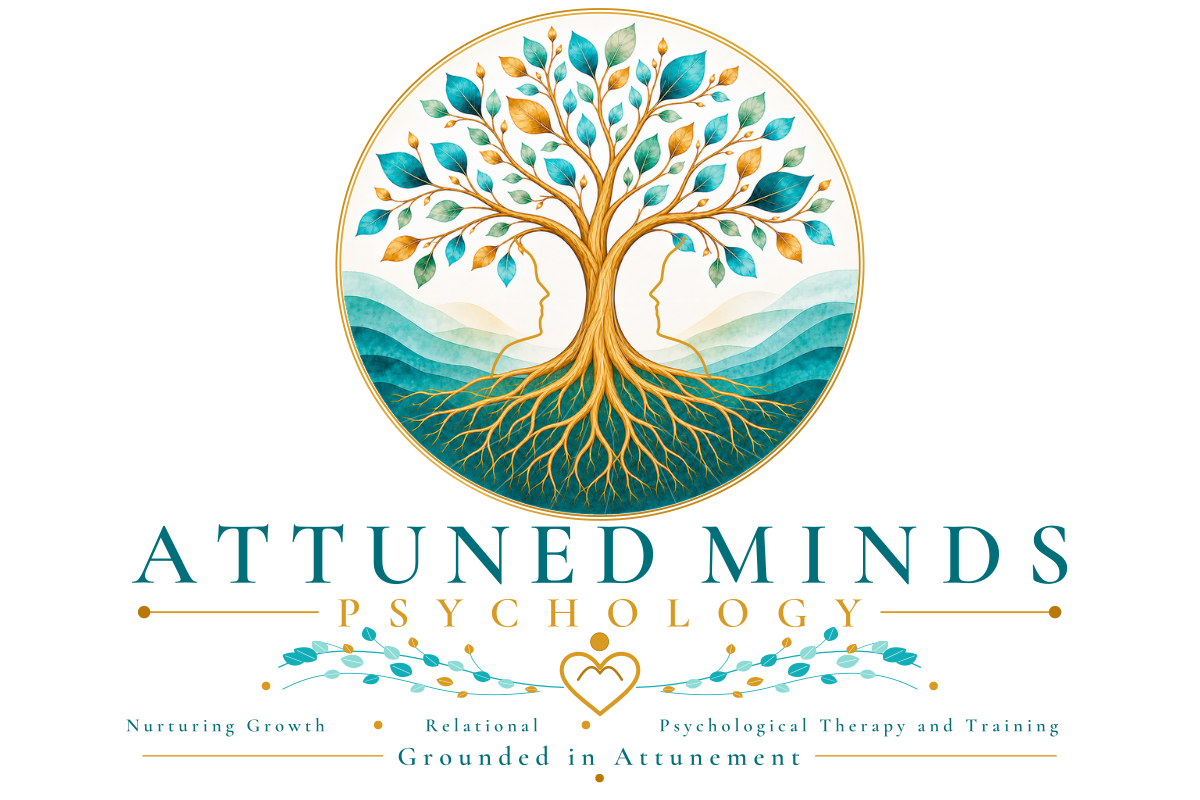 The completed Attuned Minds full logo using the organic painted emblem with vector typography, face contours, frame and ornament