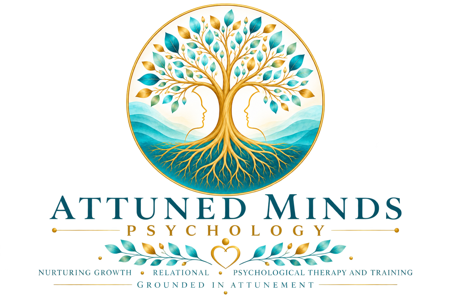 The original AI-generated Attuned Minds Psychology logo, with a detailed tree, two faces, roots, landscape, typography and botanical ornament