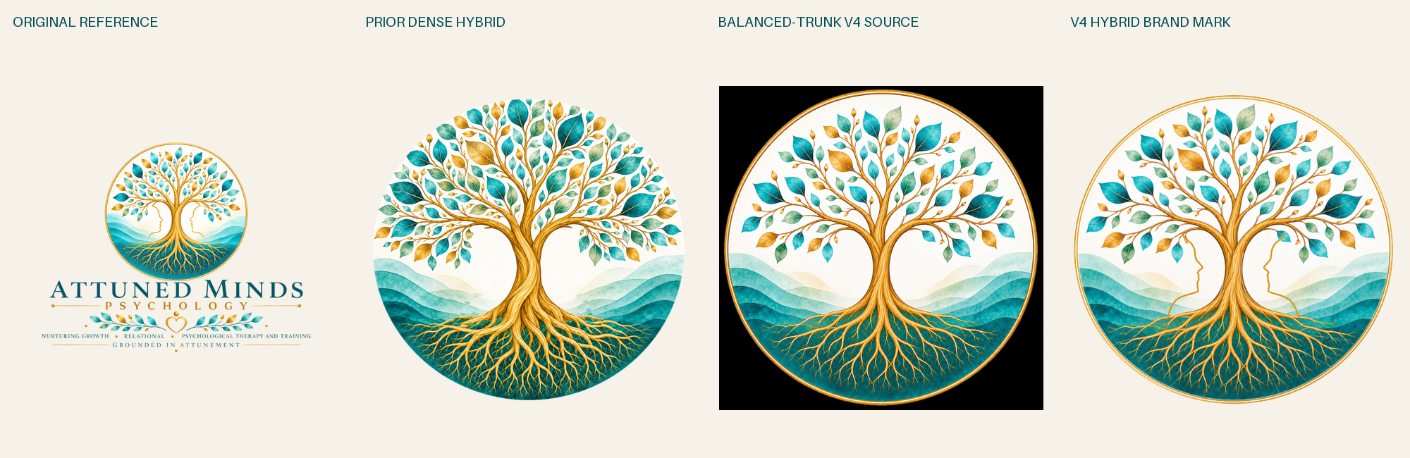Progression from the original logo through a dense organic candidate and balanced-trunk source to the final hybrid brand mark